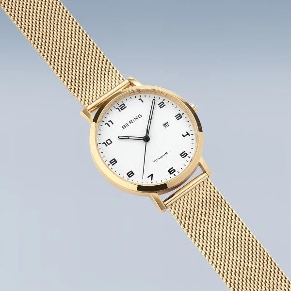 Bering Round White Dial Gold-plated Titanium and Stainless Steel Mesh Watch 18634-334