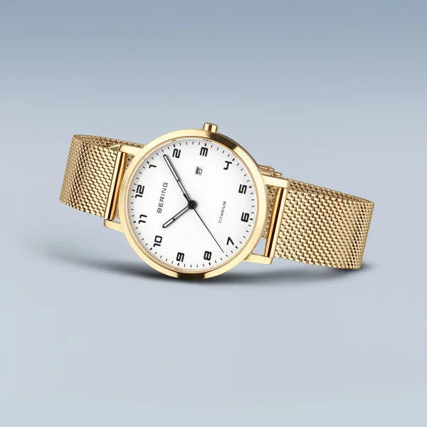 Bering Round White Dial Gold-plated Titanium and Stainless Steel Mesh Watch 18634-334