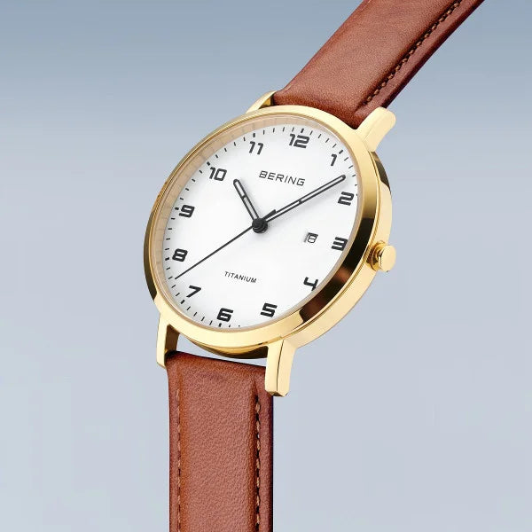 Bering Round White Dial Gold-plated Titanium Strap Watch 18634-534