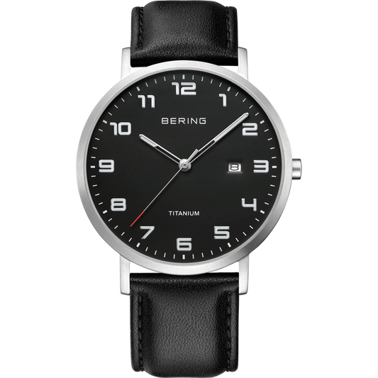 Bering Maxi Titanium Date Numerical Watch Black Leather Strap
