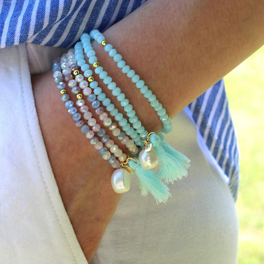 Jersey Pearl Sky Blue Crystal Stretch Bracelet Lola