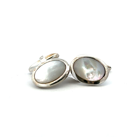 Sterling Silver Oval White Mother Of Pearl T Bar Cufflinks