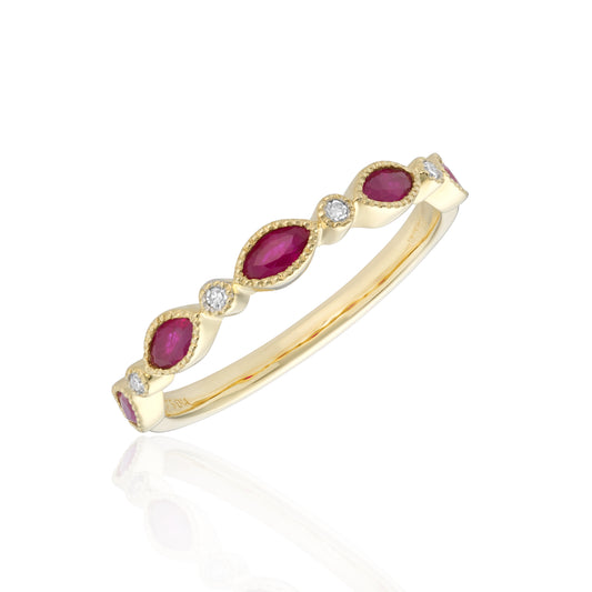 9ct Yellow Gold Ruby and Diamond Millegrain Ring