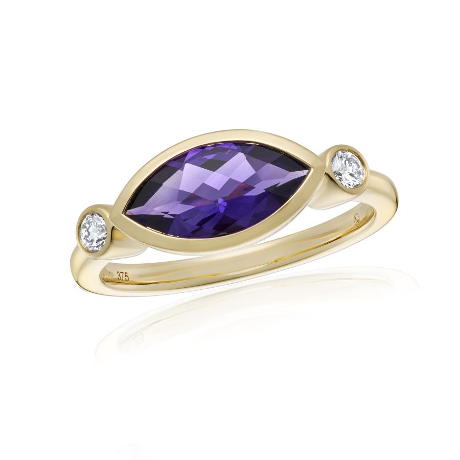 9ct Yellow Gold Three Stone Marquise Amethyst And Diamond Ring