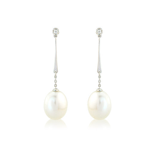 9ct White Gold Diamond And White Freshwater Cultured Pearl Drop Earrings