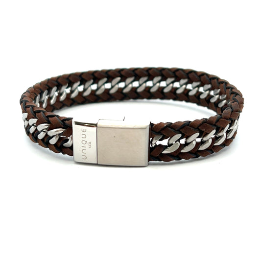 Unique & Co Brown Leather Stainless Steel Weave Bracelet 19cm