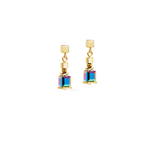 Couer De Lion Sparkling Cubes Fusion Multicolour Yellow Gold Plated Drop Earrings