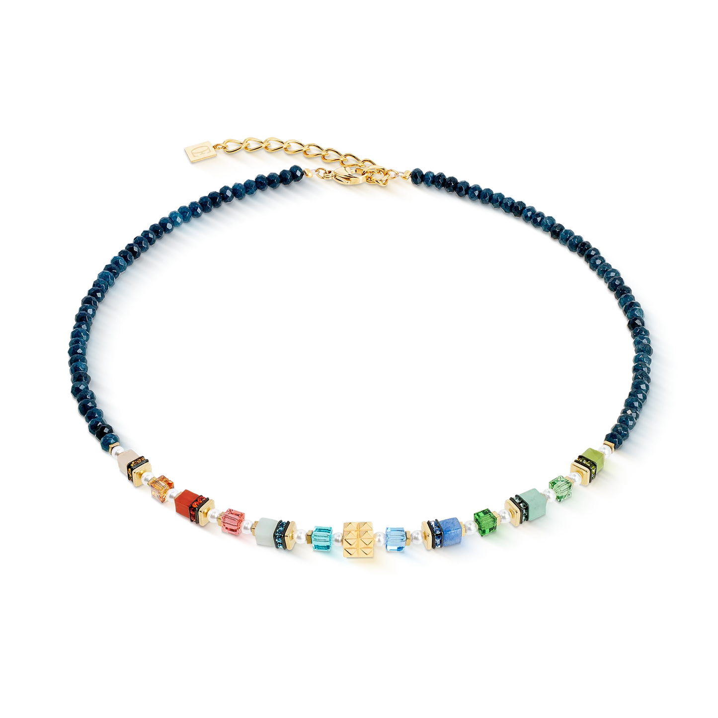 Couer De Lion Sparkling Princess Spikes Multicoloured Front and Dark Blue Yellow Gold Plated Necklace