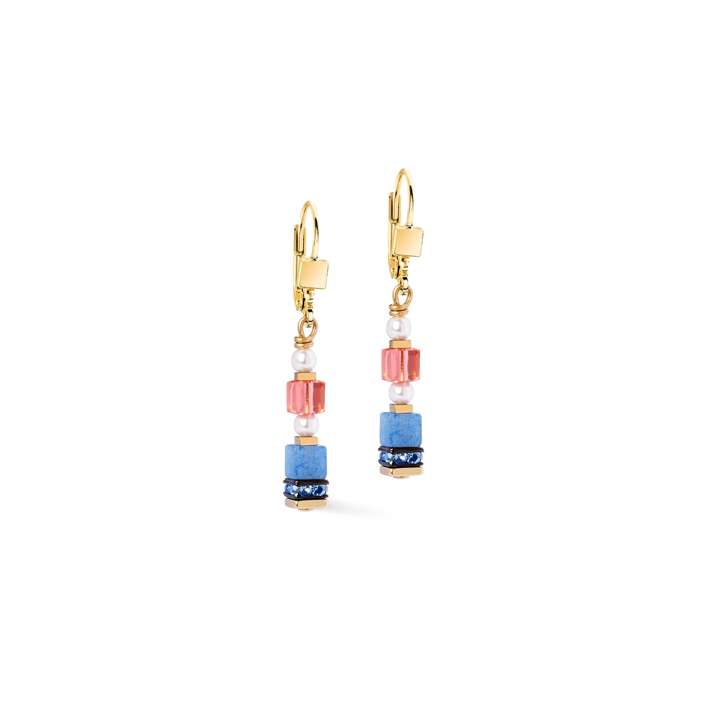 Coeur De Lion Sparkling Princess Spikes Pink and Blue Yellow Gold Plated Drop Earrings