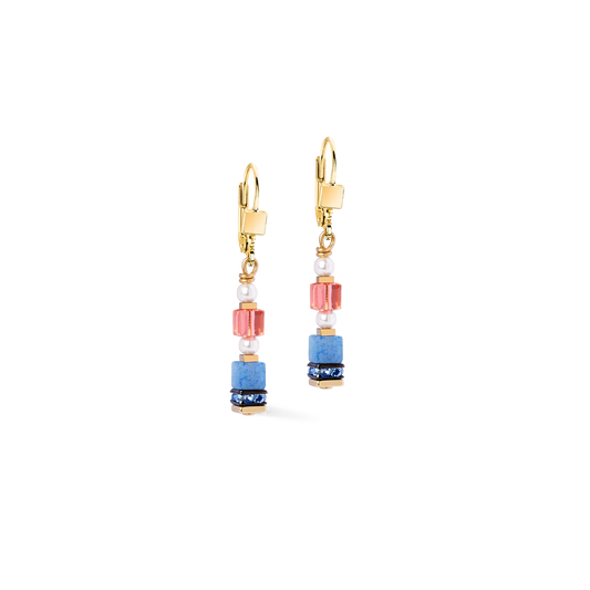 Coeur De Lion Sparkling Princess Spikes Pink and Blue Yellow Gold Plated Drop Earrings