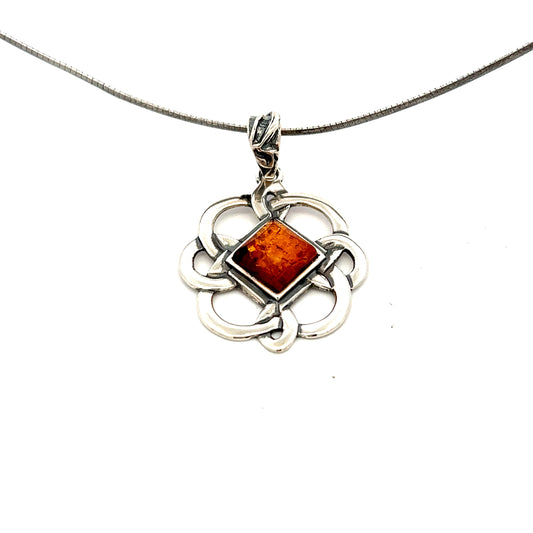 Sterling Silver Amber Pendant Floral Weave