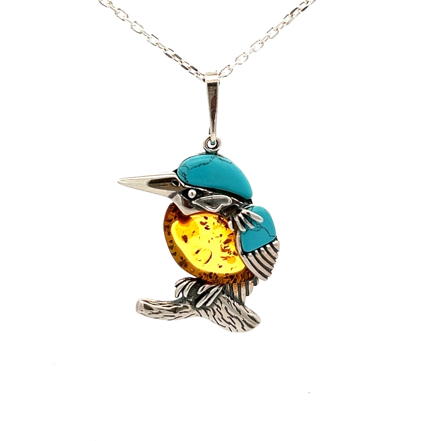 Sterling Silver Amber And Turquoise Silver Kingfisher Necklace