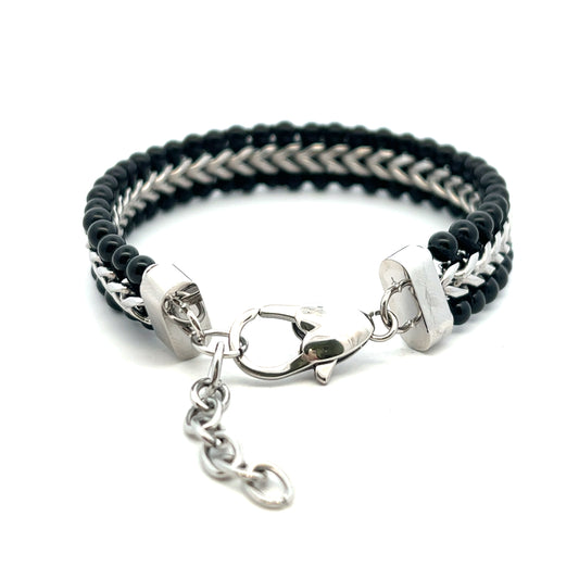 Unique & Co Three Row Onyx Bead and Stainless Steel Chain Weave Bracelet 21cm