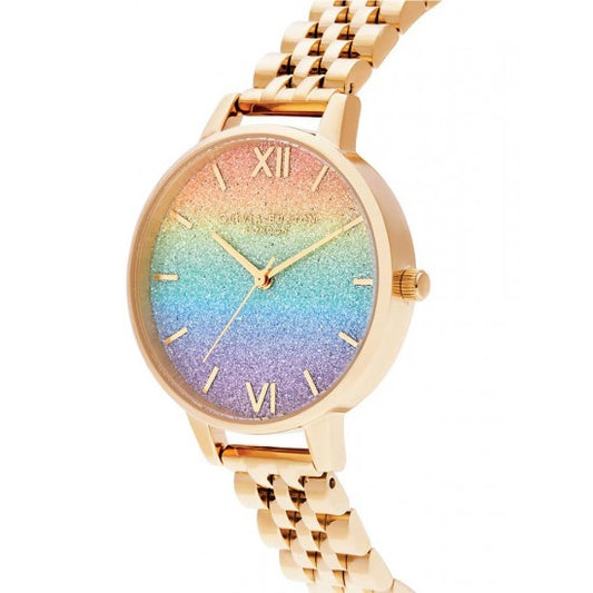 Olivia Burton Rainbow Glitter Dial Gold Bracelet Watch OB16RB23