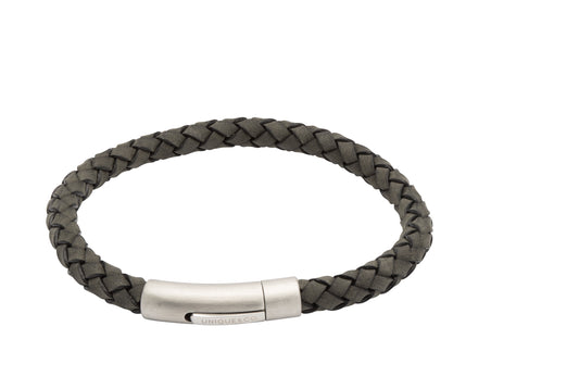 Unique Antiblack Leather and Stainless Steel Bracelet 21cm
