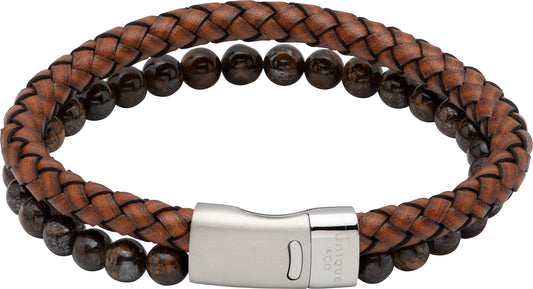 Unique & Co Antibrown Leather Bracelet and Tigers Eye Beads 21cm