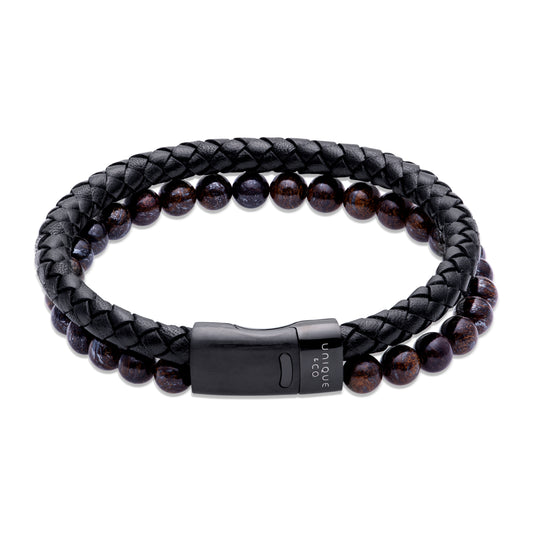 Unique & Co Black Leather & Tigers Eye Bracelet 19cm