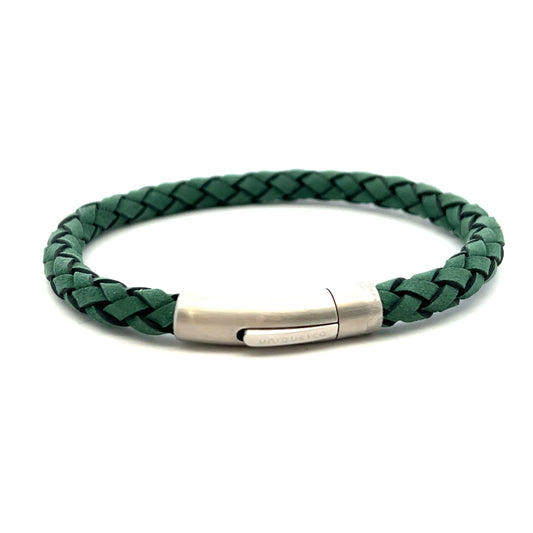 Unique & Co Plaited Green Suede Leather Stainless Steel Bracelet 21cm