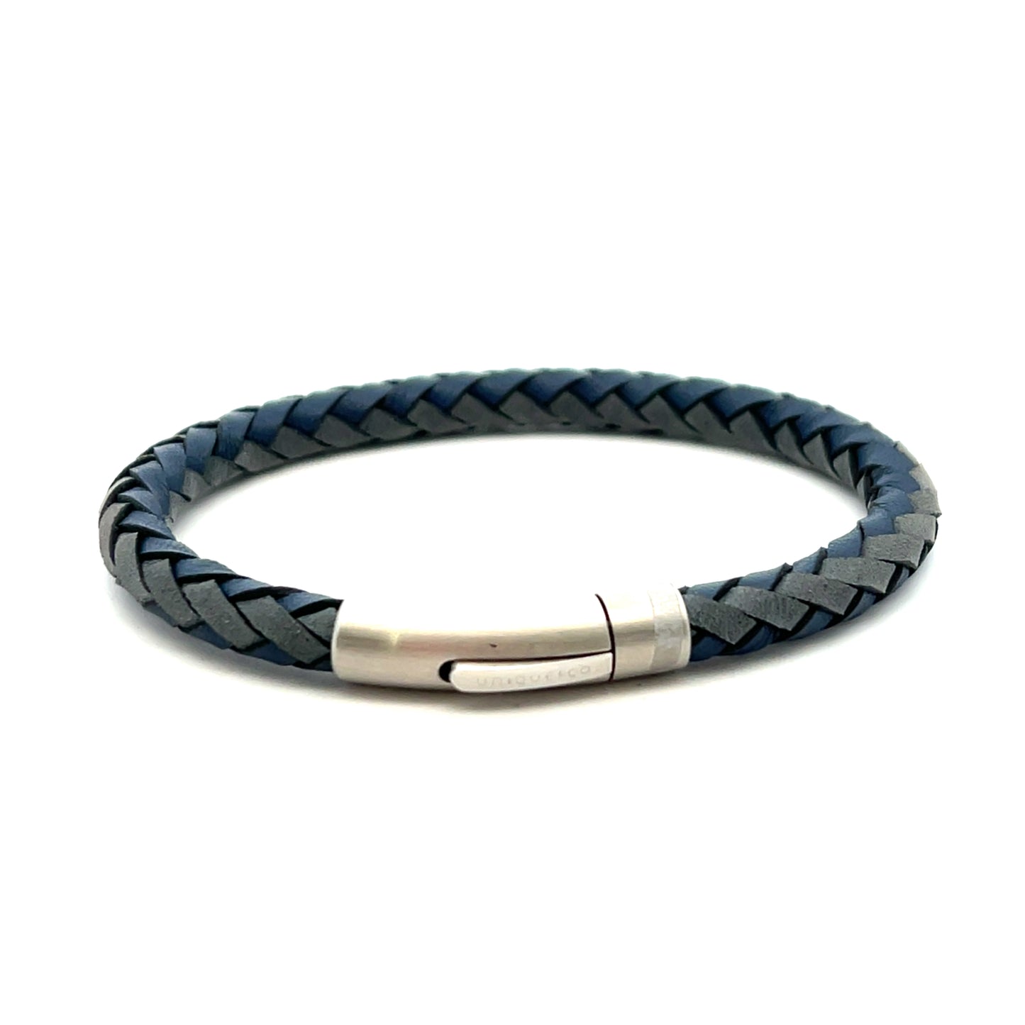 Unique & Co Navy Blue and Black Leather Stainless Steel Bracelet 21cm
