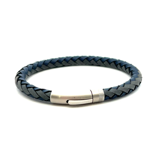 Unique & Co Navy Blue and Black Leather Stainless Steel Bracelet 21cm