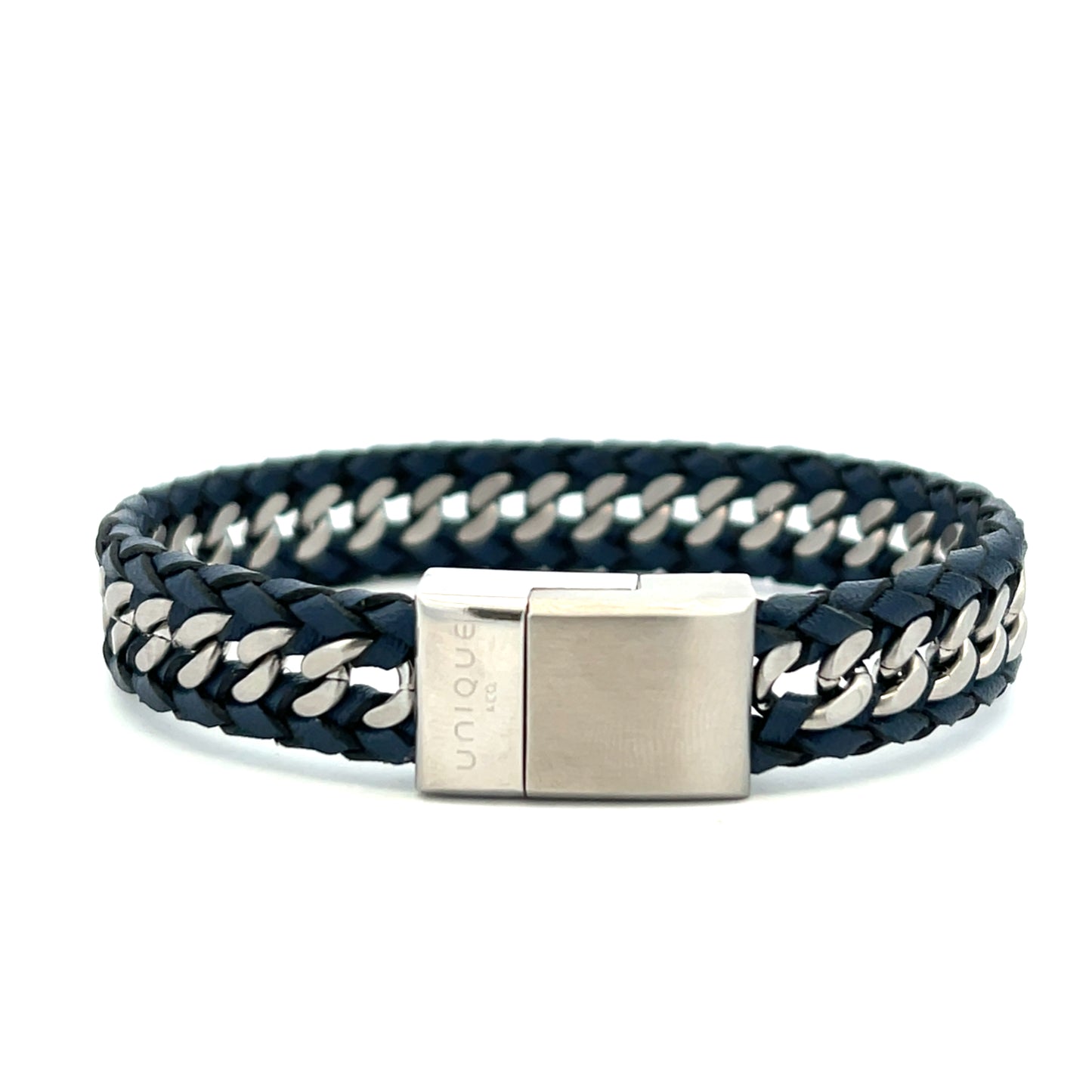 Unique & Co Stainless Steel Navy Leather Chain Flat Weave Bracelet 19cm