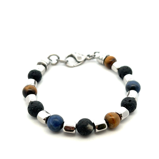 Unique & Co Stainless Steel Lava & Tigers Eye Bead Bracelet 19cm