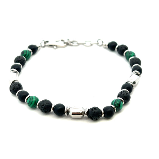 Unique & Co Stainless Steel Onyx, Malachite and Lava Stone Bead Bracelet 21cm