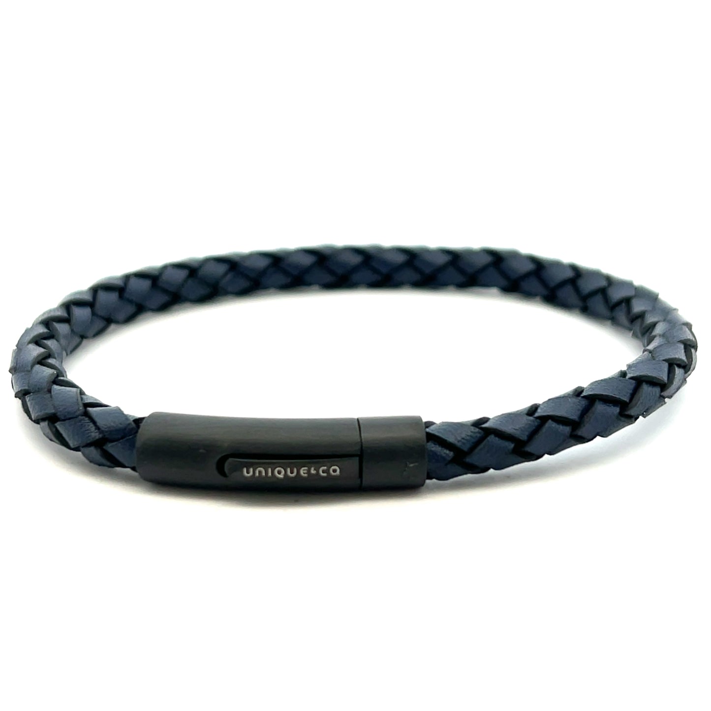Unique & Co 23cm Navy Plait Leather Bracelet with Matt Black Clasp