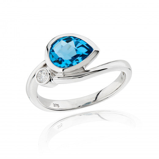 9ct White Gold Blue Topaz and Diamond Ring