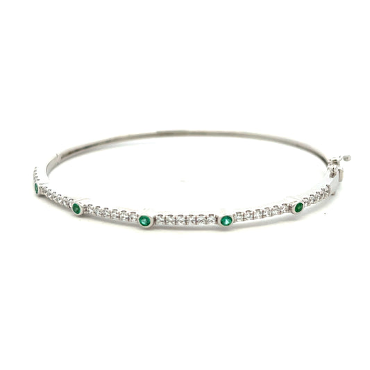 Sterling Silver Green and White Cubic Zirconia Hinged Bangle