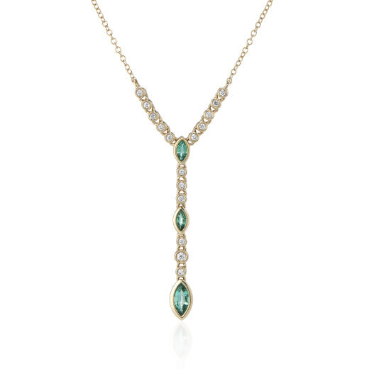 9ct Yellow Gold Diamond and Marquise Cut Emerald Y Necklace