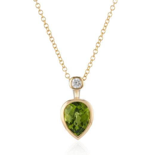 9ct Yellow Gold Peridot and Diamond Pendant and Chain