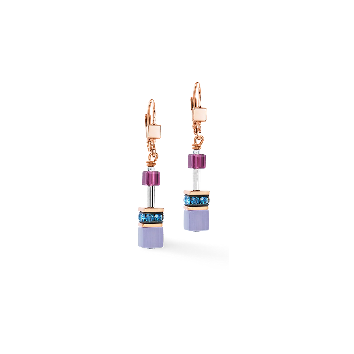Coeur De Lion GeoCube Iconic Purple and Blue Rose Gold Plated Drop Earrings