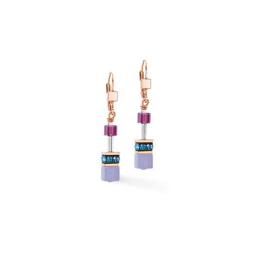 Coeur De Lion GeoCube Iconic Purple and Blue Rose Gold Plated Drop Earrings