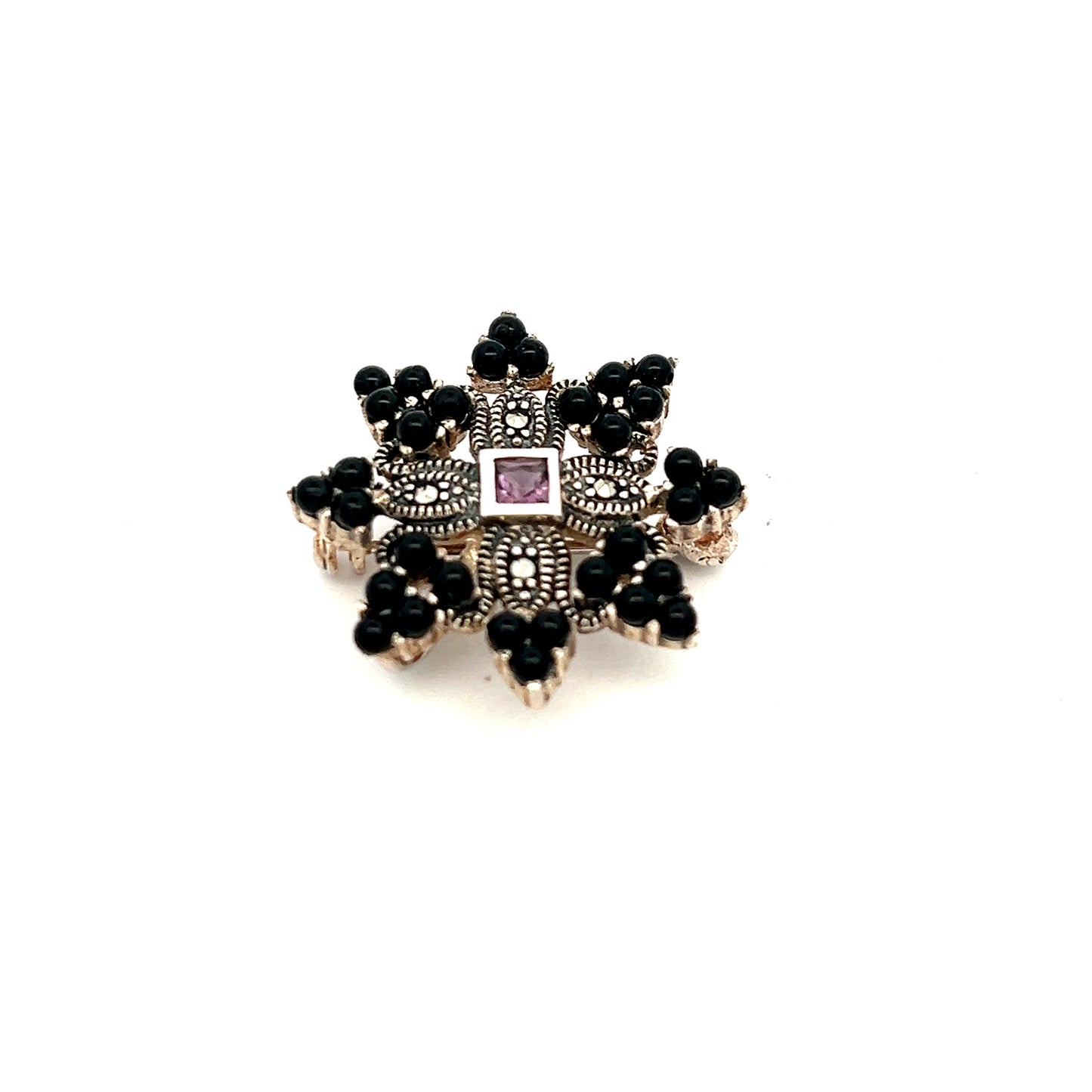 Sterling Silver Marcasite and Onyx Brooch