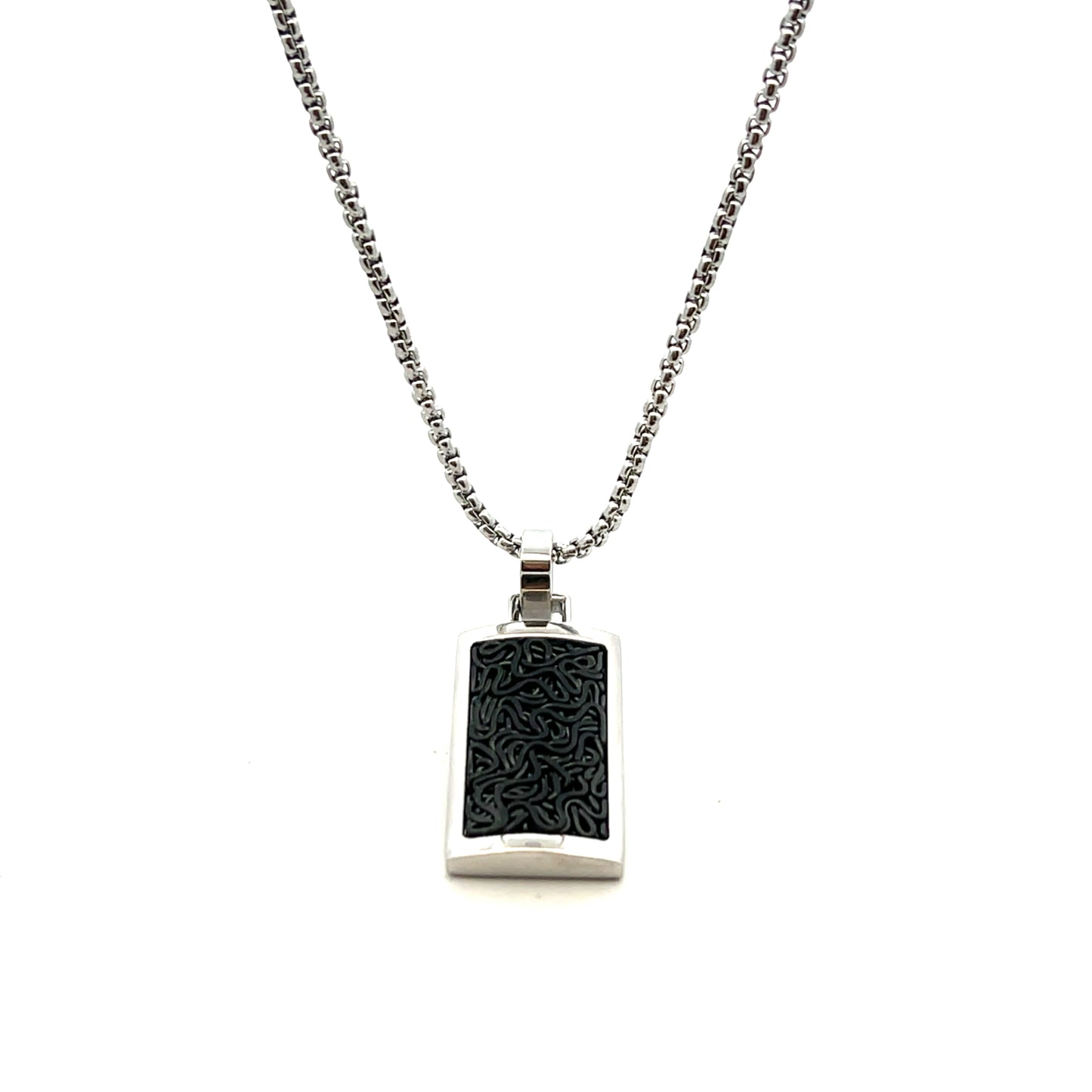 Unique & Co Stainless Steel Black Inlay Rectangular Tag Pendant And Chain
