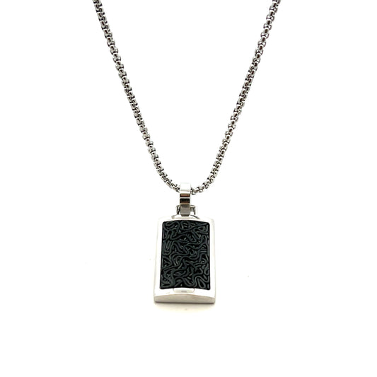 Unique & Co Stainless Steel Black Inlay Rectangular Tag Pendant And Chain