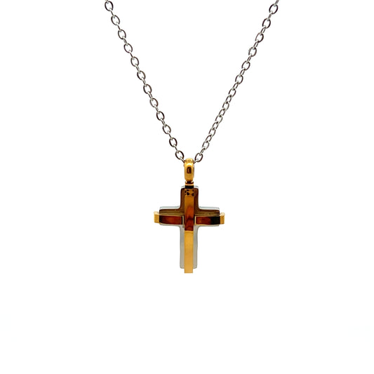Unique & Co Stainless Steel and Yellow Gold Plated Cross and 50cm Chain