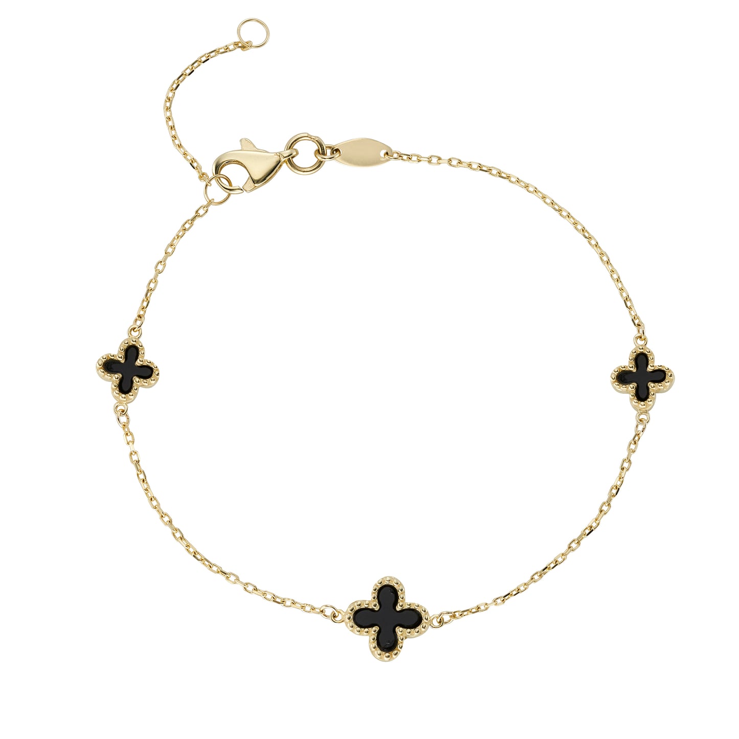 9ct Yellow Gold Black Onyx Quatrefoil Trace Chain Bracelet