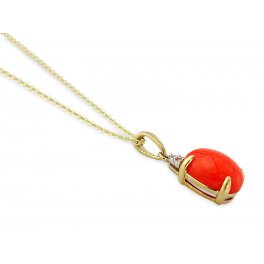 9ct Yellow Gold Diamond and Coral Necklace