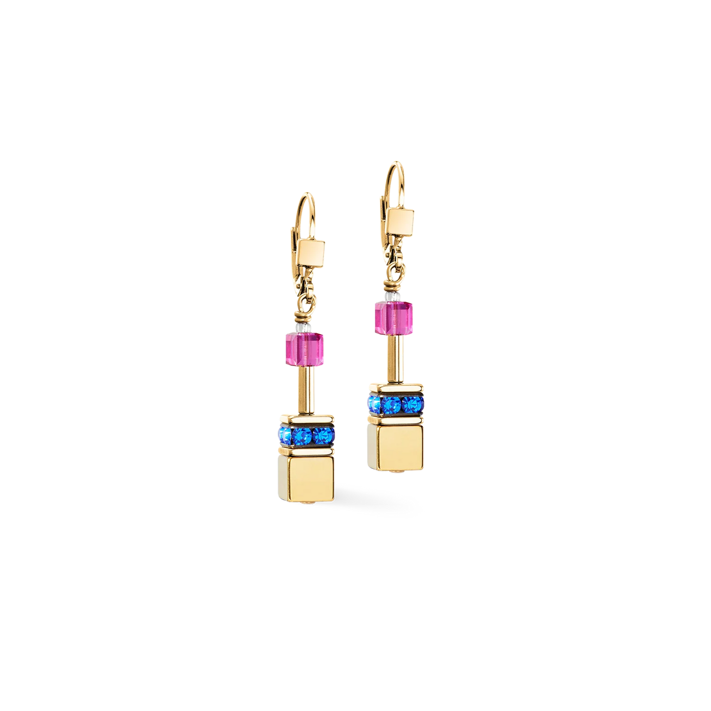 Coeur De Lion Geo Cube Iconic Multicolour Rainbow Yellow Gold Plated Drop Earrings