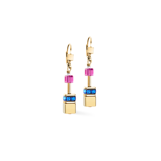 Coeur De Lion Geo Cube Iconic Multicolour Rainbow Yellow Gold Plated Drop Earrings