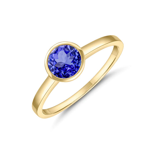 9ct Yellow Gold 6mm Round Tanzanite Bezel Set Ring