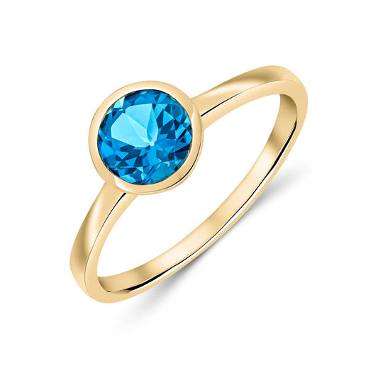 9ct Yellow Gold London Blue Topaz 6mm Round Bezel Set Ring