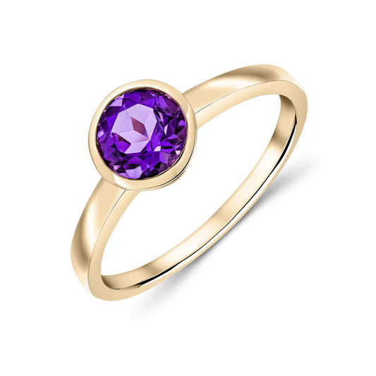 9ct Yellow Gold 6mm Round Amethyst Bezel Set Ring