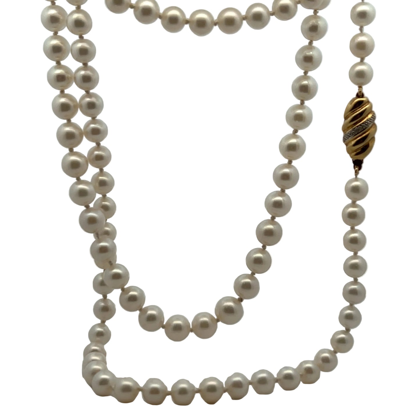 9ct Yellow Gold Diamond Clasp 38" Single Row Freshwater Cultured Pearl Necklace