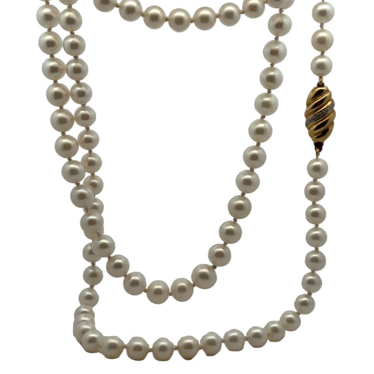 9ct Yellow Gold Diamond Clasp 38" Single Row Freshwater Cultured Pearl Necklace