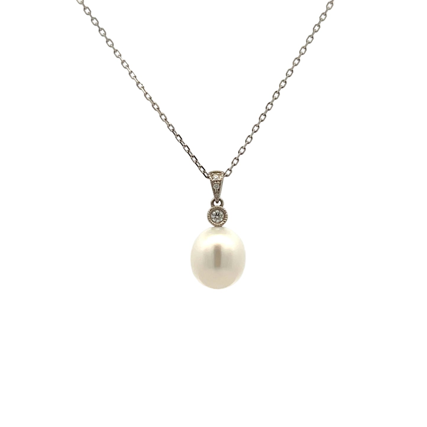 18ct White Gold Freshwater Cultured Pearl Teardrop and Diamond Pendant