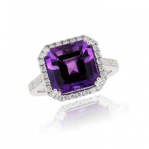 9ct White Gold Amethyst and Diamond Ring