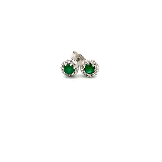 9ct White Gold Emerald and Diamond Cluster Stud Earrings